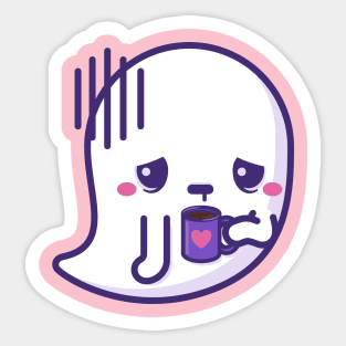 Tired kawaii ghost with coffee cup Sticker